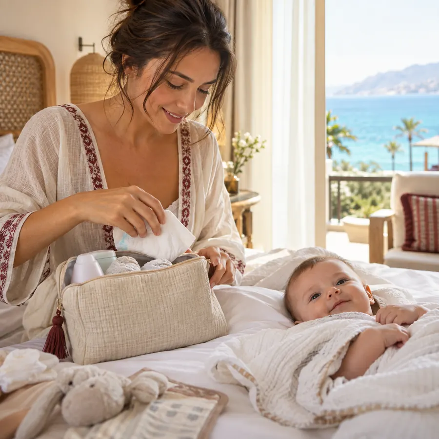 A mother packing baby care essentials in a resort room