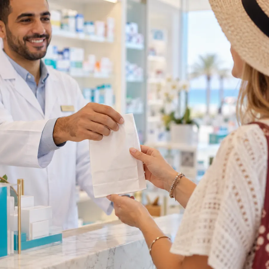 A pharmacist handing a pharmacy order to a traveler