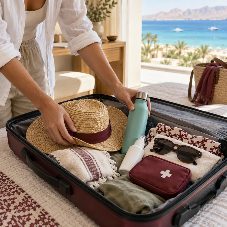 A traveler packing health essentials for a Red Sea holiday