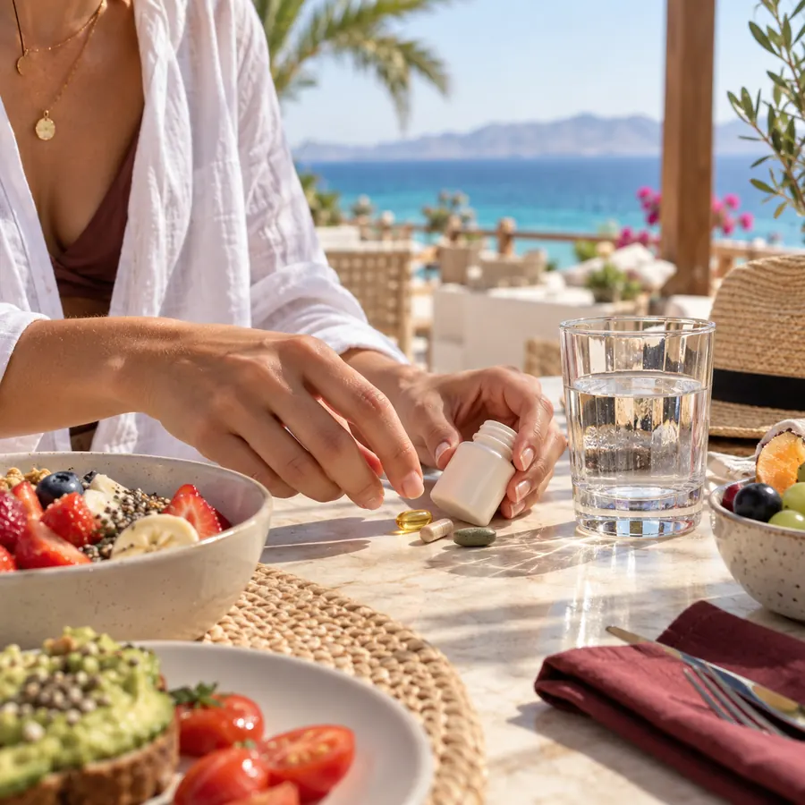 Vitamins beside a healthy breakfast on a Red Sea terrace