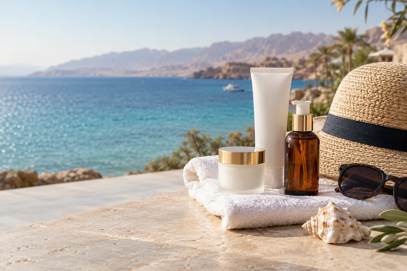 Sun care and skincare essentials beside the Red Sea